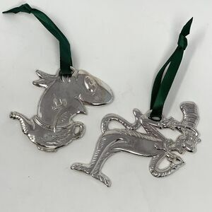 Cat In The Hat Dr Seuss Christmas Ornaments Silver Plated Burger King Lot Of 2